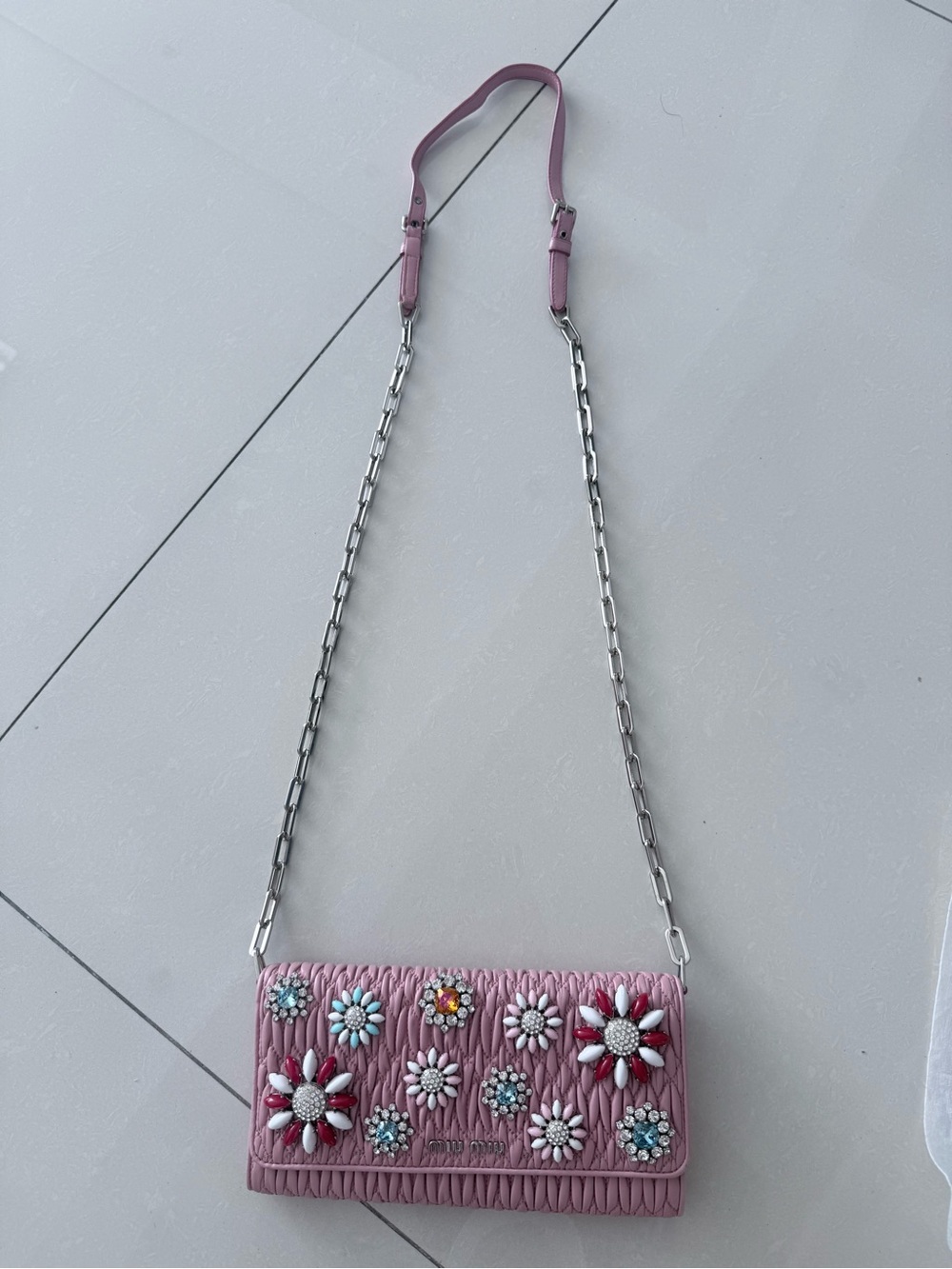 Miu Miu Pink Embellished Floral Crossbody Bag with wallet holder